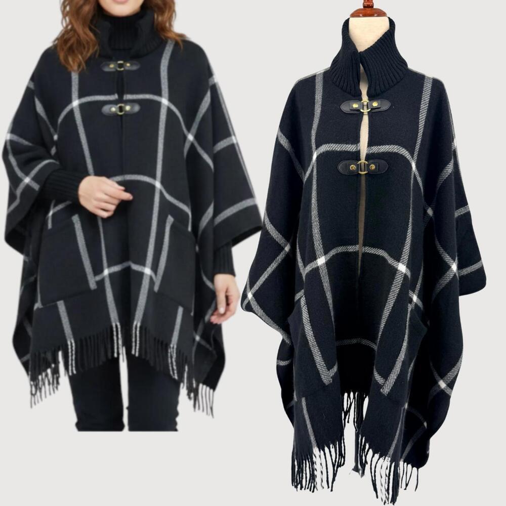 London Fog Plaid Ruana Cape Black White Toggle OS